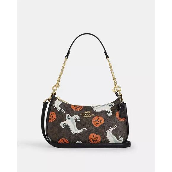 NWT Coach Teri Shoulder Bag In Signature Canvas Pumpkin Halloween 🎃Print CCE71 - Picture 11 of 16